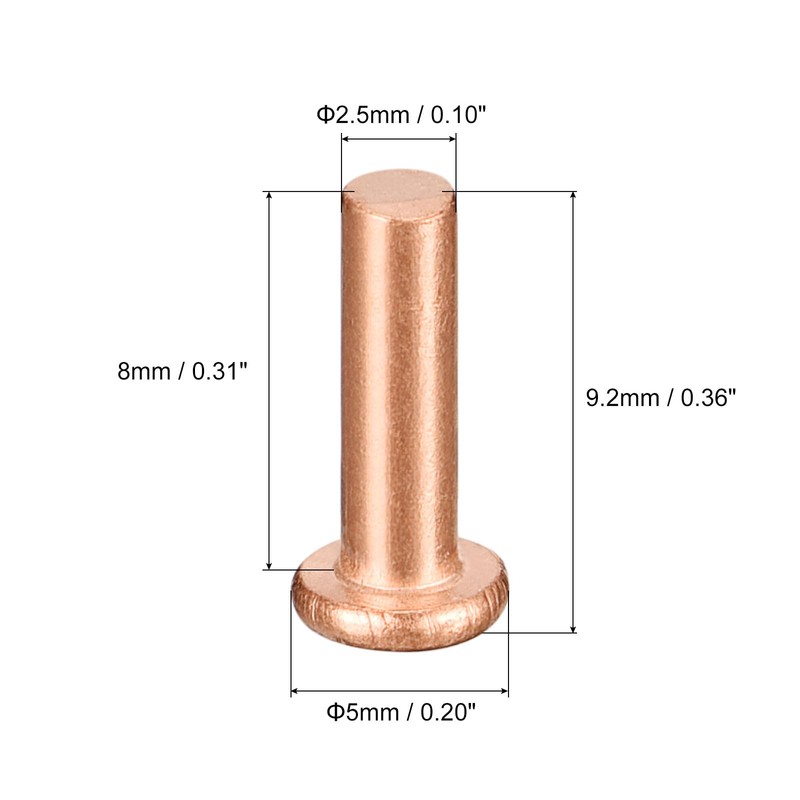 sourcing map 50Pcs Copper Solid Rivets, 3/32" x 5/16" Flat