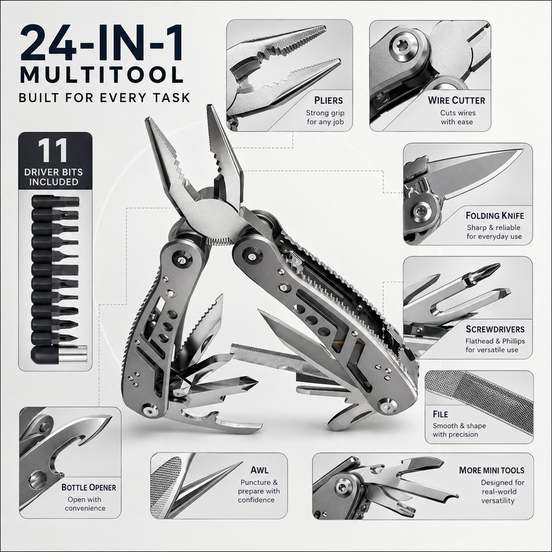 24-in-1 Multitool for Camping & Everyday Repairs – Folding Pliers