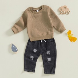Vioyavo Kid Toddler Boy Fall Winter Denim Outfits Long Sleeve Textured Sweatshirt Jumper Ripped Jeans Denim Pants Clothes Set (Khaki, 2-3T)