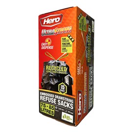Hero Ultra Strong Black Embossed Drawstring Bin Bags 75-85L - 15 Bags Tear Resistant, Easy Dispense, Recycled Plastic Refuse Sacks Bin Liners