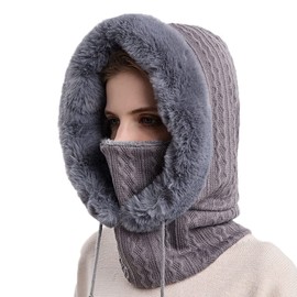 JFAN Women's Balaclavas Fleece Hood Snood Winter Hat with Neck and Face Cover Balaclava for Outdoor Skiing Cycling Walking（Grey，One Size）