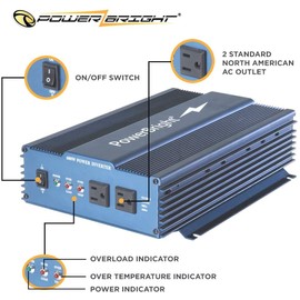 PowerBright 600 Watt Pure Sine Wave Power Inverter, 12 V DC to 120 V AC Car Inverter w/ Dual 120 Volt AC Outlets & Overload Indicator. Perfect for Camping, Emergency, Hurricane & Storm Outage