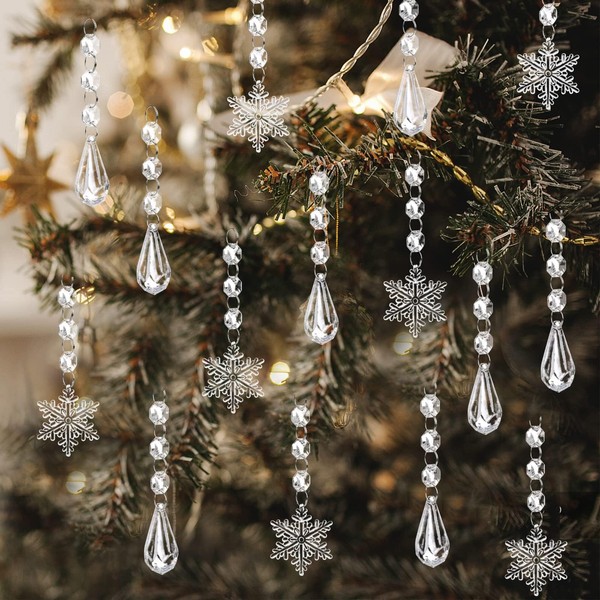 JOISHOP 38PCS Christmas Tree Ornaments Acrylic Crystal Hanging Pendant, Christmas Snowflakes Ornaments Clear Teardrop Curtain Prism Decorations for Xmas Wedding Festival Home Party Event