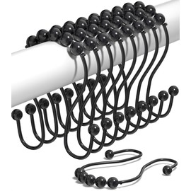 Shower Curtain Hooks Rust Proof (Set of 12) - Stainless Steel Shower Curtain Rings - Anti Slip Roller Balls for Easy Glide (Omega Double Hooks, Matte Black)