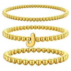 Kenivira Gold Beaded Bracelets for Women, Stackable Gold Initial Bracelets for Women Non Tarnish, 14K Real Gold Plated Stretch Bead Ball Waterproof Bracelet with Letter J Bracelets