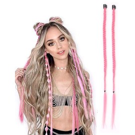 2 x Clip-In Hair Extension Highlights Streaks, Colourful Hair Highlights (Braid - Pink)
