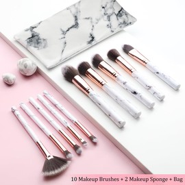 HEYMKGO Make Up Brushes, 10 Piece Brush Set Makeup with Makeup Sponge and PU Leather Brush Bag, Makeup Brush Set Kabuki Makeup Brushes Foundation Blending Cosmetic Brush Makeup Kit (Marble, White)