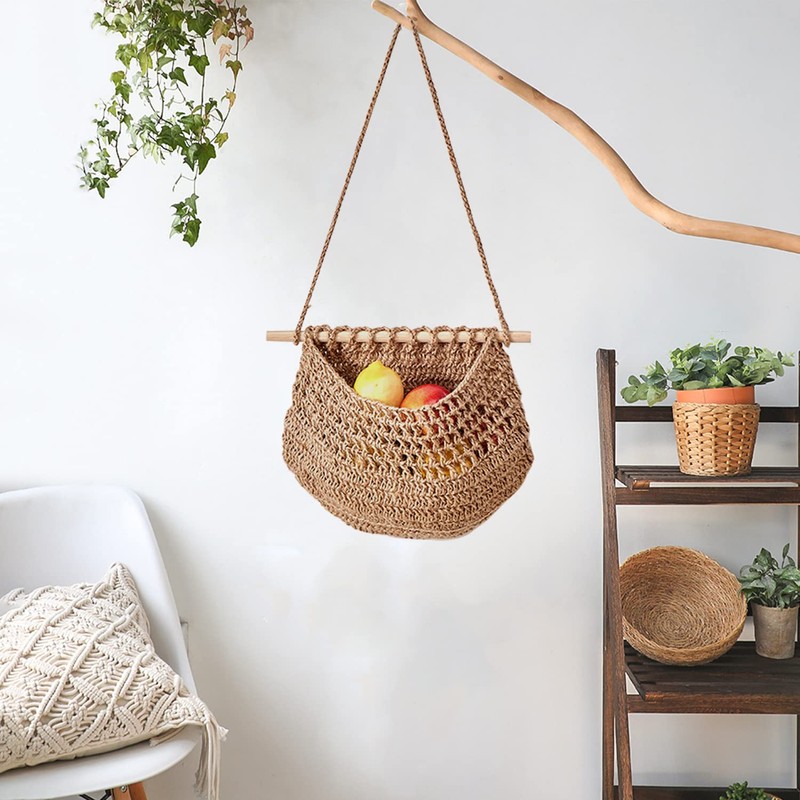 dancepandas Hanging Fruit Basket, Vegetable Basket, Braided Bohemian Storage for