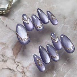 French Tip Press on Nails Medium Almond False Nails Full Cover Purple Simple Style Design Fake Nails Glossy Stick on Nail Artificial ons Nail for Women Daily Salon Nail Art Decoration