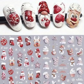 Christmas Nail Art Stickers 5D Embossed Red Snowman Nail Stickers Winter Hat Gloves Nail Art Decals for Nail Art Red Stock Nail Decoration Christmas Self-Adhesive Nail Art Supplies Accessories 2Pcs