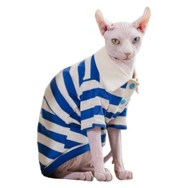 Sphynx Cat Shirt Cotton Hairless Kitten Polo T-Shirt with Sleeves Pullover Cat Pajamas for Sphynx Cornish Rex, Devon Rex, Peterbald (Blue White Polo, X-Large)