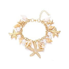 MMIUAEG Shell Starfish Bracelet Seahorse Conch Starfish Sea Shell Pearls Charm Stone Bracelet Statement Bohemian Sea Themed Beach Jewelry for Women (Gold)