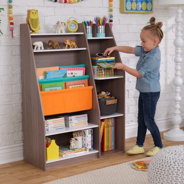 KidKraft Pocket Storage Wood Bookshelf with Slings and Shelves, Children's Furniture, Gray Ash