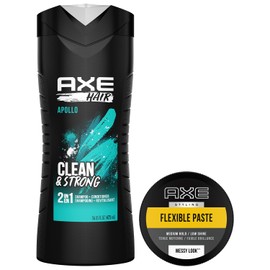 AXE Men’s Hair Styling Gift Set – AXE Apollo Clean & Strong 2-in-1 Shampoo + AXE Messy Look Flexible Paste, Medium Hold, Low Shine (2 Piece Set)