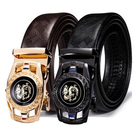 Barry.Wang Men's Leather Belt Black Ratchet Belt with 3 Automatic Buckles Adjustable Strap Business Gift Box, Gold Black Check Pattern