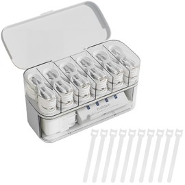 Cable Organizer with 10 Wire Ties, IEMIEBSHA White Cord Holder with 6 Compartments Lids and Drawer, Plastic Electronic Cord Storage Box for Power Cord, Charging Plug, Cosmetics, Jewelry