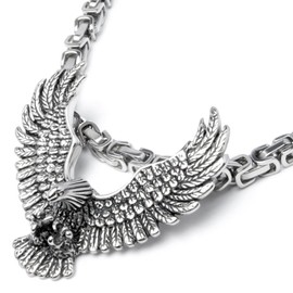 Schmuck-Checker Stainless Steel Pendant Eagle Solid Silver Eagle Necklace Byzantine Chain Biker Jewellery Bird with Spread Wings Men Gift High Quality, Stainless Steel, No Gemstone