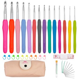 Frevoitna 14-Piece Crochet Hook Set, Multicoloured, Crochet Hooks with Needles and Stitch Markings, 14 Sizes, Knitting Needles Kit with TPR Soft Grip and Storage Box, Crochet Hooks Set for Beginners