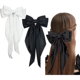 LATRAT 2 Pieces Hair Clips with Large Bow Soft Silky Long Tail French Ribbon Hair Pins Women Girls Hair Bow Accessories for Women and Girls