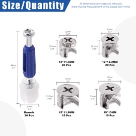 Glarks 100Pcs 4 Sizes 3-in-1 Furniture Connecting Cam Lock Fittings with Dowels Assortment Kit, 15x13/15x11.8/12x12.2/12x11.3mm Cam Lock Nuts and Cam Screws for Wardrobe Drawer Cabinet Connectors