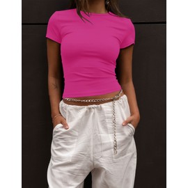 ZHENWEI Crop Workout Shirts for Women Basic Tees Tight Short Sleeve Quick Dry Gym Tops Pack Black&Fuchsia Red L