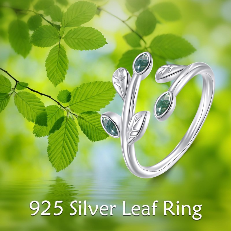 Leaf Ring Sterling Silver Moss Agate Leaf Adjustable Open Rings