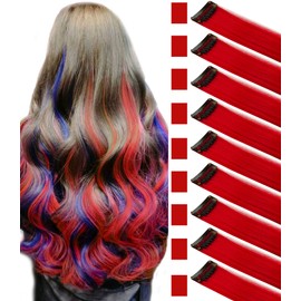 ZHAOWWEI 9 x Princess Red Hair Extensions, Multi-Colour, Party Highlights, Stripes, Synthetic Hairpieces, Clip-In/Clip On Coloured Hair Extensions (Red)