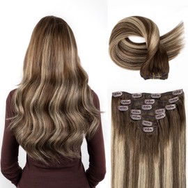 SOBEAUTY Clip in Hair Extensions, Real Human Hair Extensions, 100% Human Hair Remy Natural Hair Double Weft, 7 Pcs 120g Volume Invisible DIY Full Head Hair Extenion (Mix Brown T4B/26/4B 22 inch)