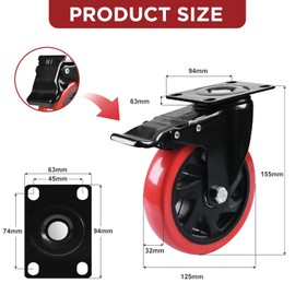 Caster Wheels, Heavy Duty 5 Inch Casters Set of 6, Locking Swivel Casters Wheels for Cart, Furniture and Workbench, Red