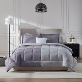 7 Pcs Reversible Bed in a Bag Set Two Tone Lightweight Comforter Set Cal.King Size Diamond-Pattern Stitching | Purple Lilac Gray Color All Seasons Aesthetic Bedding Farmhouse Hotel Luxury Look