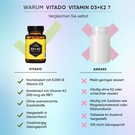 Vitamin D3 + K2 hochdosiert - 5000 IE Vitamin D3 + 200mcg Vitamin K2-90 Kapseln im Glas - Laborgeprüft