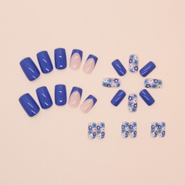 Flower Press on Nails Medium Square Fake Nails Blue False Nails Glossy Full Cover Acrylic Nails Summer Glue on Nails French Artificial Stick on Nails for Women Manicure 24 Pcs