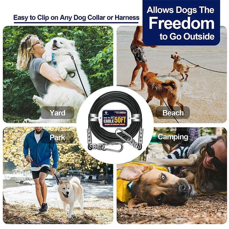 WATFOON 50Ft Dog Tie Out Cable, Training Leads Dog Run