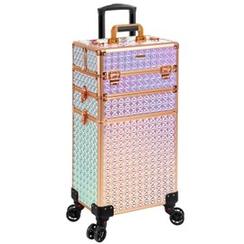 JINGUAN 3 in 1 Rolling Makeup Train Case Portable Cosmetic Trolley Large Storage for Professional with 360° Swivel Wheels Salon Barber Case Traveling Cart Trunk, Colorful
