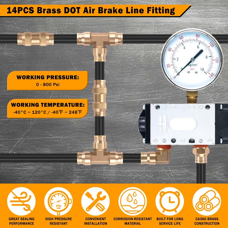 XaXmTee 14 Pcs 1/4" Brass DOT Air Line Fittings Kit