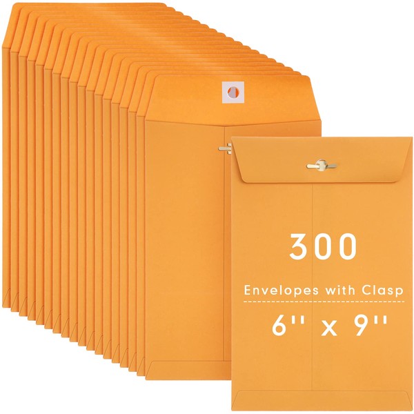 300 Pcs 6 x 9 Manilla Envelopes Clasp Envelope Kraft Catalog Envelope with Clasps Closure for Storing Mailing 28 lb Kraft Paper Envelope for Office Document Business School Home (Yellow)