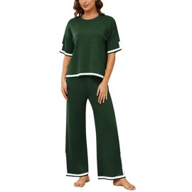 YIJIU Knit Lounge Sets for Women Autumn 2 Piece Outfits Short Sleeve Pullover Top and Long Pnats Matching Pajama Sets Tracksuit,Army Green,L