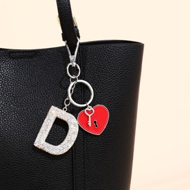 Winssigma Initial Letter Keychain, Sparkly Rhinestones Backpack Car Keychain with Cute Heart Shape Pendant(D-White)
