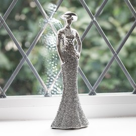 Darthome Set of 2 Silver Elegant Lady Figure Ornaments, 11x31x6cm, Art Deco Hands On Hips Women Crushed Diamond Effect Sculptures