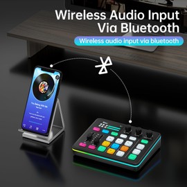 Yinker Gaming Audio Mixer, RGB Audio Interface with 48V Phantom Power, Bluetooth, Voice Changer, 6 Customized Sound Pads for Live Streaming, Podcasting, Recording
