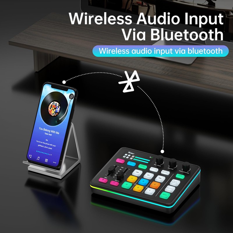 Yinker Gaming Audio Mixer, RGB Audio Interface with 48V Phantom