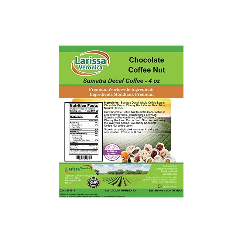 Chocolate Coffee Nut Sumatra Decaf Coffee (Gourmet, Naturally Flavored, Whole