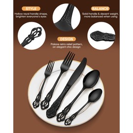 EUIRIO 30 Pieces Royal Silverware Set for 6, Retro Gorgeous Black Flatware Set, Premium Stainless Steel Vintage Cutlery Set with Forks Spoons and Knives, Dishwasher Safe