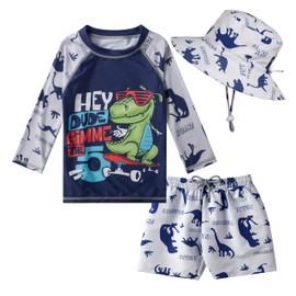 CuteCotton Toddlers Baby Boys' 3-Piece Rashguard Sets Bathing Suit Swimsuits with Hat Surfing Swimwear (Navy Dino,2-3 T)