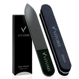 【Featured on TV Shuichi】 VITOMS Nail Buffer, Nail File, Glass Nail Shiner Black, Black 【Comes with a pre-treatment sponge that changes the finish】 Unisex, Men's, Women's, Glossy Finish, Nail Care Set