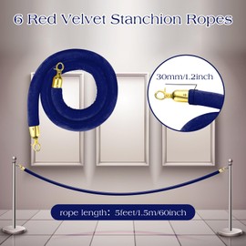 Nuogo 6 Pcs Velvet Stanchion Rope Blue Carpet Party Decoration 5ft Crowd Control Velvet Ropes Safety Barrier with Gold Hook for Event Movie Theaters Grand Opening Hotel Christmas Party Supplies(Blue)