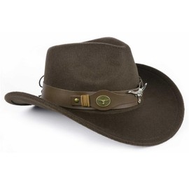TOLASTO Western Cowboy Hat for Men and Women - Adjustable Wool Felt Wide Brim with Bull Head Ornament, Vintage Outdoor Hat for Rodeo, Country Music Festivals & Bush Adventures, Coffee