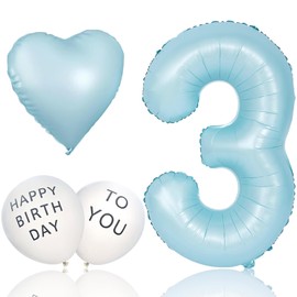 Ptyceler Birthday Balloons, Number Balloons, Set of 3, Pastel, Blue, Light Blue, 32 Inches, Approx. 27.6 inches (70 cm), Simple Birthday Decoration, Birthday Decoration, For Photography, Balloons