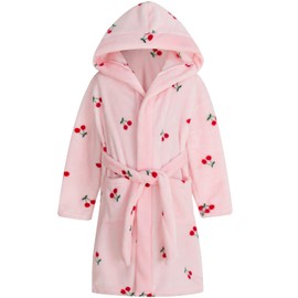 Umeyda Girls Robe, Cute Hoodie Print Plush Fleece Robe Flannel Bathrobe Sleepwear with Pockets for Gift, Cherry Purplish, US 7-8 Years, CN 150