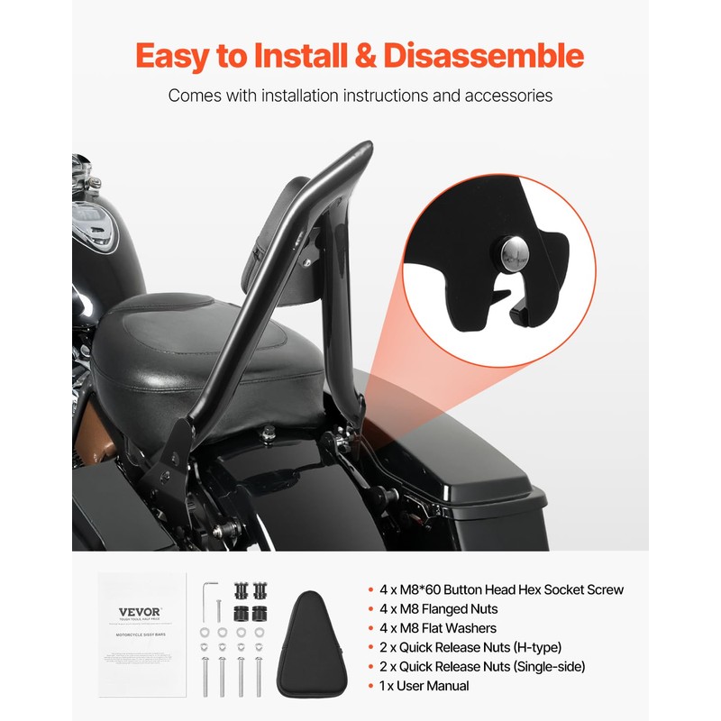 VEVOR Motorcycle Backrest Sissy Bar, Compatible with Harley-Davidson Touring Models,